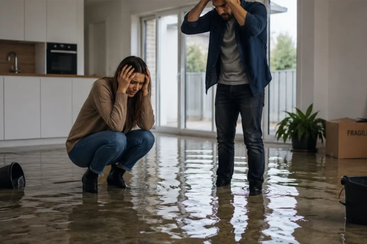 A couple stands knee-deep in floodwater inside a home, both with their hands on their heads in distress.
