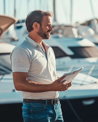 Man with a beard in a light gray polo shirt and jeans stands at a marina, holding a tablet and smiling with boats in the background.