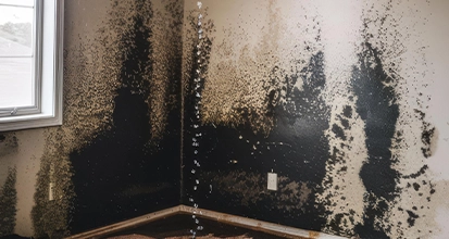 Corner of a room with extensive black mold growth on beige walls near the baseboard and window.