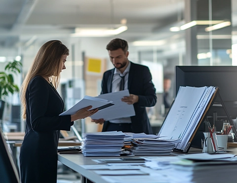 Two colleagues in suits review documents in a bright open-plan office, with piles of papers on a desk.